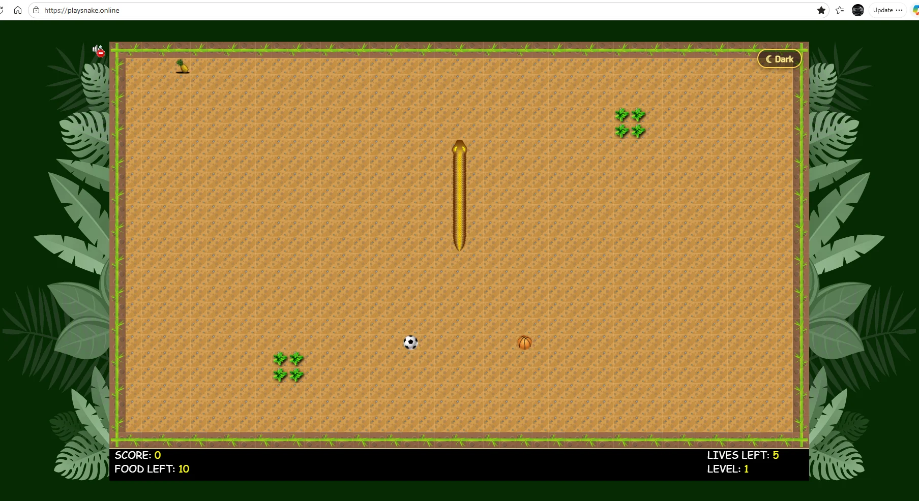 The migrated 2018 snake game in mid-play at playsnake.online - a top-down brown sand arena framed by green bamboo and jungle leaves.