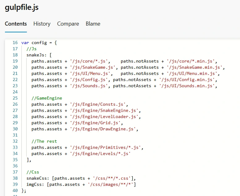 A screenshot of the original 2018 gulpfile.js. It defines a config object with snakeJs as an array of source paths (core, SnakeGame, UI menu, config, sounds, GameEngine modules - SnakeEngine, LevelLoader, Grid, DrawEngine - plus primitives and levels), and snakeCss and imgCss entries pointing to the css folders. The file shows the standard 2018 pattern of an asset-pipeline bundler driving the build.