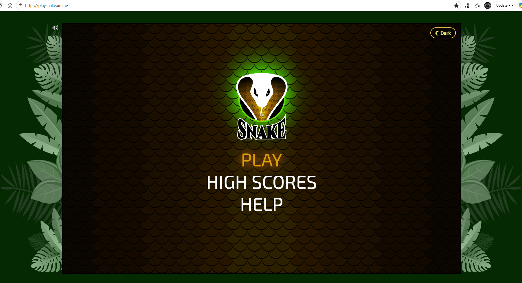 The migrated playsnake.online start screen: the white snake-head logo glowing green on a dark scaled background, framed by jungle leaves, with PLAY, HIGH SCORES, and HELP menu options below.