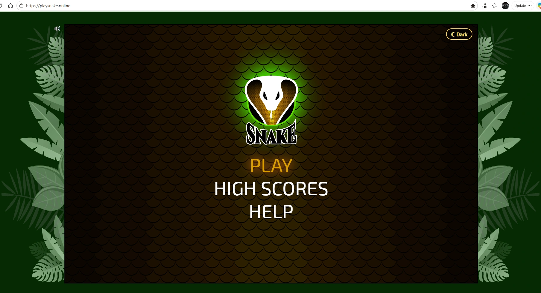 The migrated playsnake.online start screen: the white snake-head logo glowing green on a dark scaled background, framed by jungle leaves, with PLAY, HIGH SCORES, and HELP menu options below.