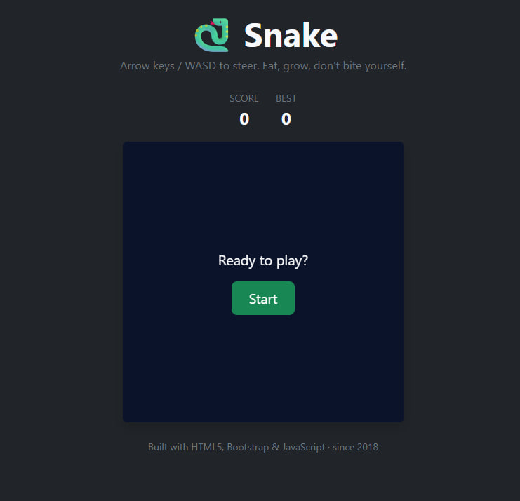 The first Claude Code result: a simple snake game UI titled 'Snake', with the instruction 'Arrow keys / WASD to steer. Eat, grow, don't bite yourself.', a score and best display, and a centred 'Ready to play?' prompt with a green Start button. Below the canvas, a footer reads 'Built with HTML5, Bootstrap & JavaScript · since 2018.'