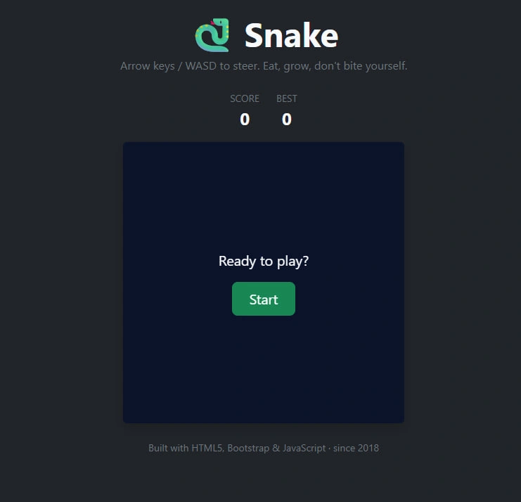 The first Claude Code result: a simple snake game UI titled 'Snake', with the instruction 'Arrow keys / WASD to steer. Eat, grow, don't bite yourself.', a score and best display, and a centred 'Ready to play?' prompt with a green Start button. Below the canvas, a footer reads 'Built with HTML5, Bootstrap & JavaScript · since 2018.'