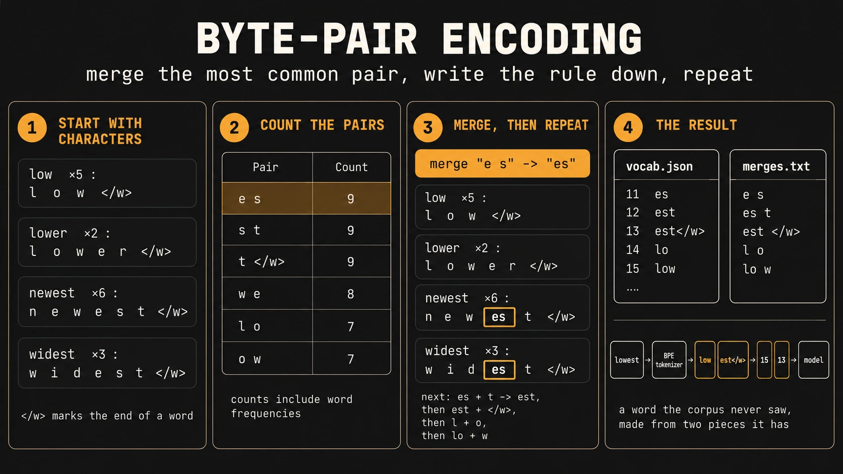 A four-panel dark diagram titled Byte-pair encoding: merge the most common pair, write the rule down, repeat. Panel one, start with characters: low times five, lower times two, newest times six, widest times three, each spelled out as separate characters ending in the end-of-word marker. Panel two, count the pairs: a table where e s scores nine and is highlighted, s t nine, t plus end-of-word nine, w e eight, l o seven, o w seven, with a note that counts include word frequencies. Panel three, merge then repeat: the rule merge e s into es, and the four words again with low and lower unchanged and the new piece es boxed inside newest and widest, followed by the next merges in order: es plus t, then est plus end-of-word, then l plus o, then lo plus w. Panel four, the result: two file cards, vocab.json listing 11 es, 12 est, 13 est with end-of-word, 14 lo, 15 low, and merges.txt listing e s, es t, est end-of-word, l o, lo w. Under them a flow: the word lowest goes into the BPE tokenizer and comes out as two pieces, low and est with end-of-word, then as two ids, 15 and 13, then into the model, captioned a word the corpus never saw, made from two pieces it has.