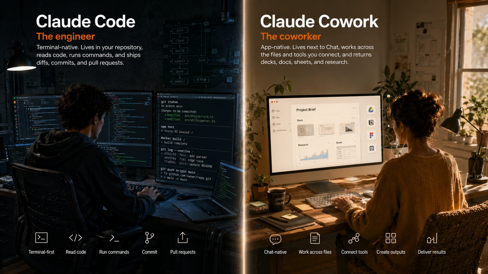 Split-screen comparison. Left, on a dark terminal-lit desk: Claude Code, the engineer - terminal-native, lives in your repository, reads code, runs commands, and ships diffs, commits, and pull requests. Right, on a warm daylit desk: Claude Cowork, the coworker - app-native, lives next to Chat, works across the files and tools you connect, and returns decks, docs, sheets, and research.
