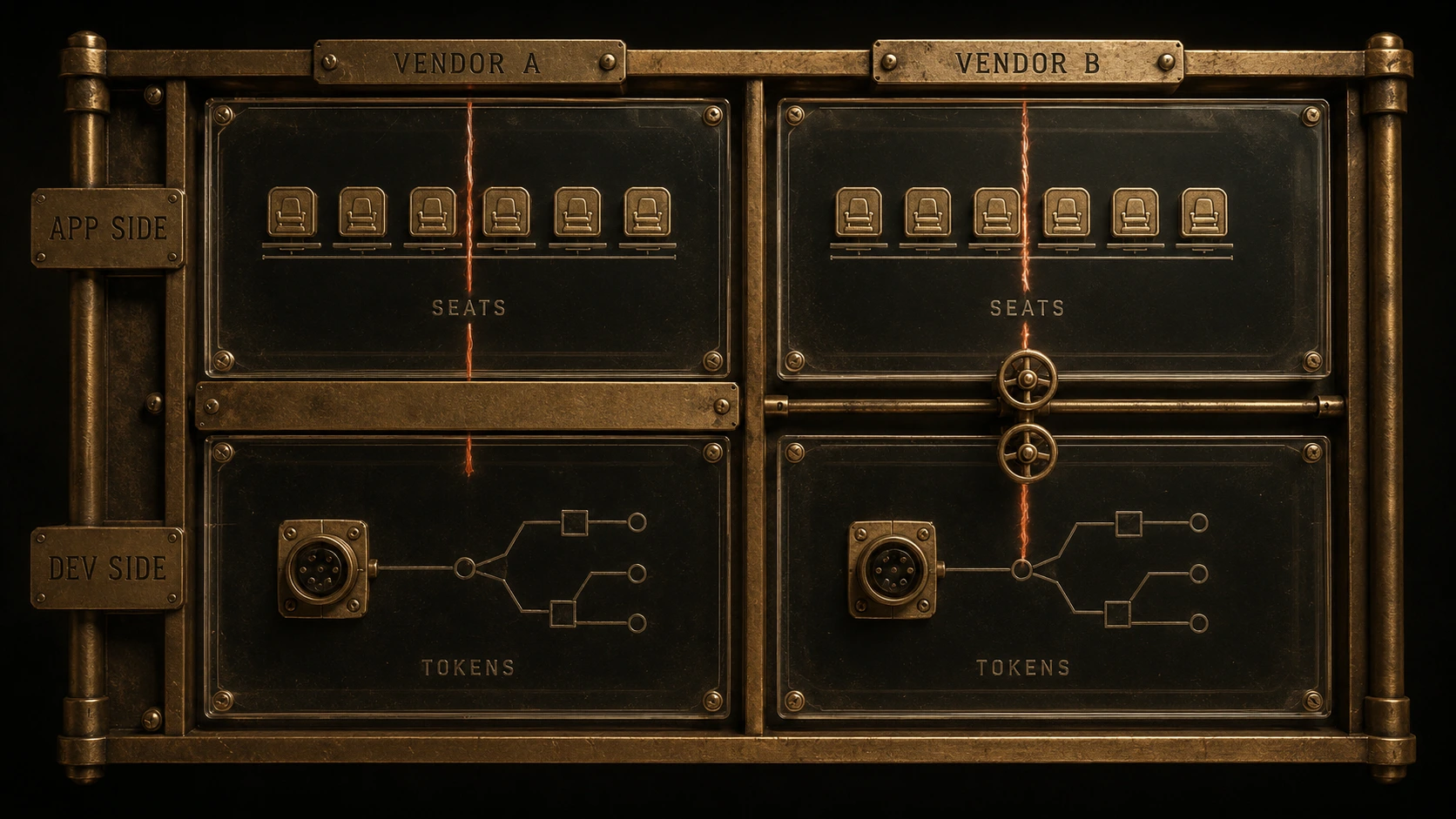 A brass-and-glass instrument panel split into four quadrants. Engraved headers read Vendor A on the left and Vendor B on the right; tabs on the left edge read App Side for the upper row and Dev Side for the lower row. Both upper plates are etched with a row of six seat tokens labelled Seats; both lower plates show a keyed port and a branching node schematic labelled Tokens. A glowing terracotta thread runs down the Vendor A half and stops dead at a solid brass bar between its two plates, while the same thread on the Vendor B half passes through two open brass gate valves connecting seats to tokens.