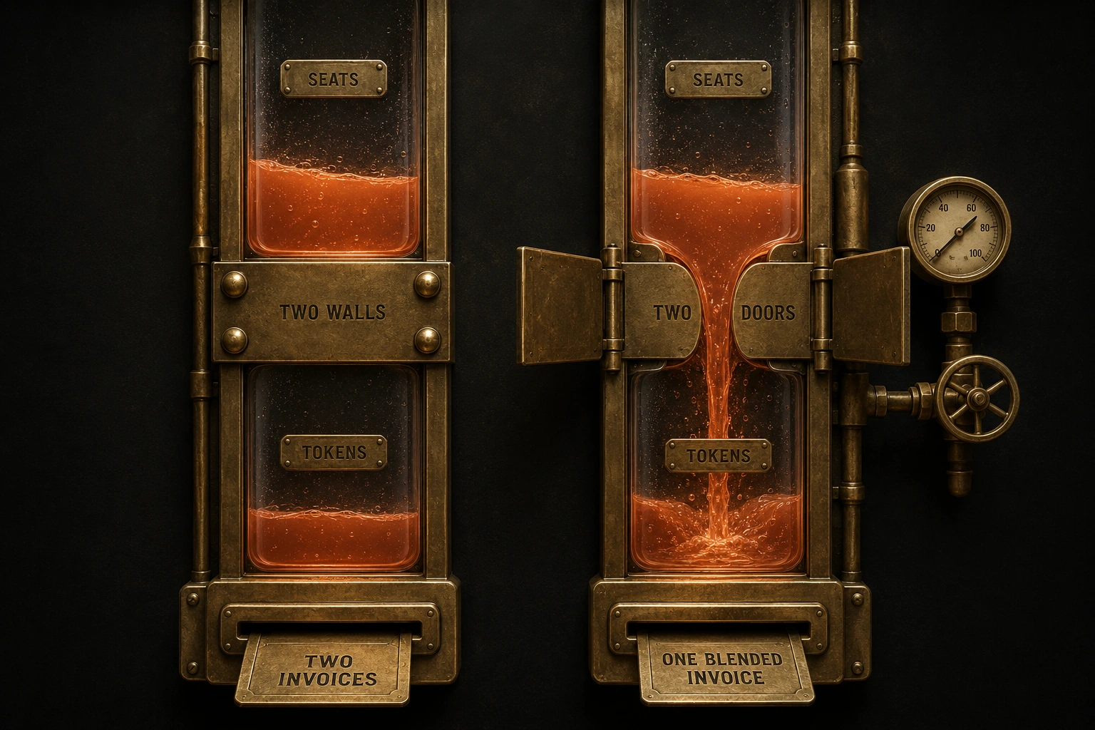 Two brass-and-glass fluid channels side by side, each divided into an upper chamber labelled Seats and a lower chamber labelled Tokens. The left channel is sealed between its chambers by a riveted brass plate stamped Two Walls, so its glowing terracotta fluid pools against the plate and sits as two separate, unconnected pools; a ticket slot beneath it reads Two Invoices. The right channel has two hinged brass doors swung open, stamped Two Doors, with a continuous stream flowing from the upper chamber into the lower one past a regulator wheel and pressure gauge; its ticket slot reads One Blended Invoice.