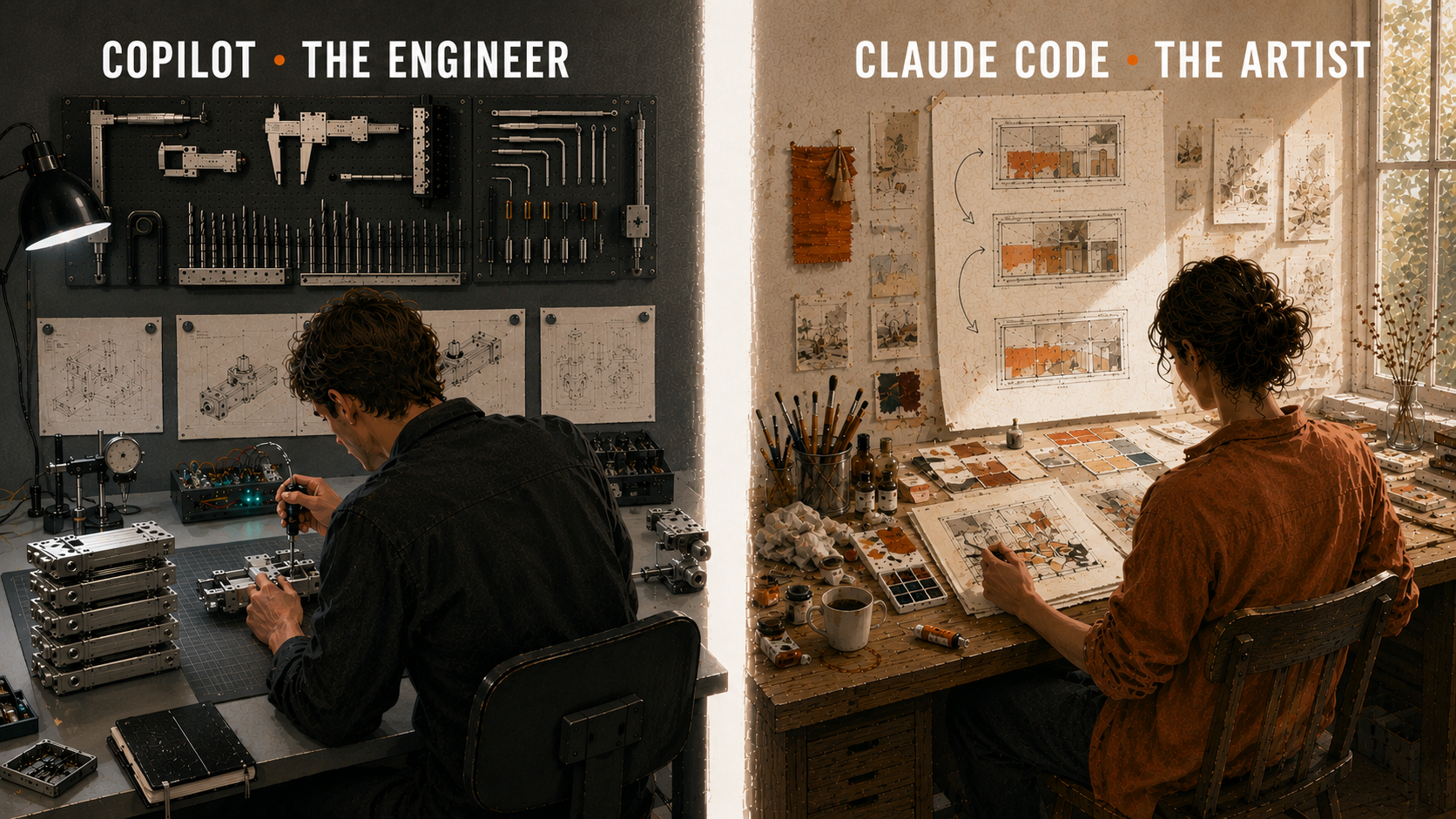 Two workbenches side-by-side: an engineer at a precision workbench on the left labelled COPILOT · THE ENGINEER, an artist at a drafting table on the right labelled CLAUDE CODE · THE ARTIST - the engineer torque-checking a finished part, the artist exploring UI sketches and watercolor swatches.