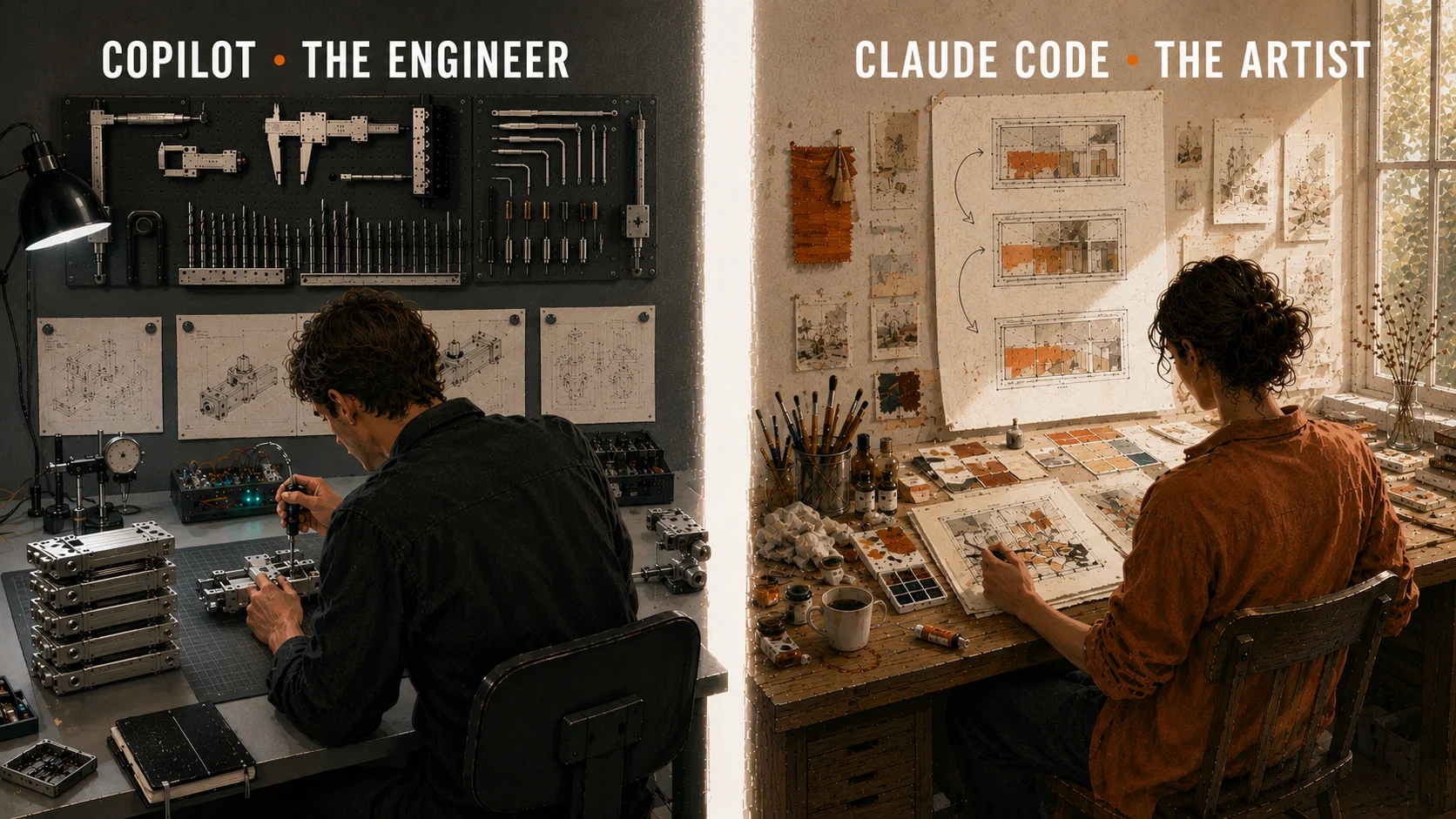 Two workbenches side-by-side: an engineer at a precision workbench on the left labelled COPILOT · THE ENGINEER, an artist at a drafting table on the right labelled CLAUDE CODE · THE ARTIST - the engineer torque-checking a finished part, the artist exploring UI sketches and watercolor swatches.
