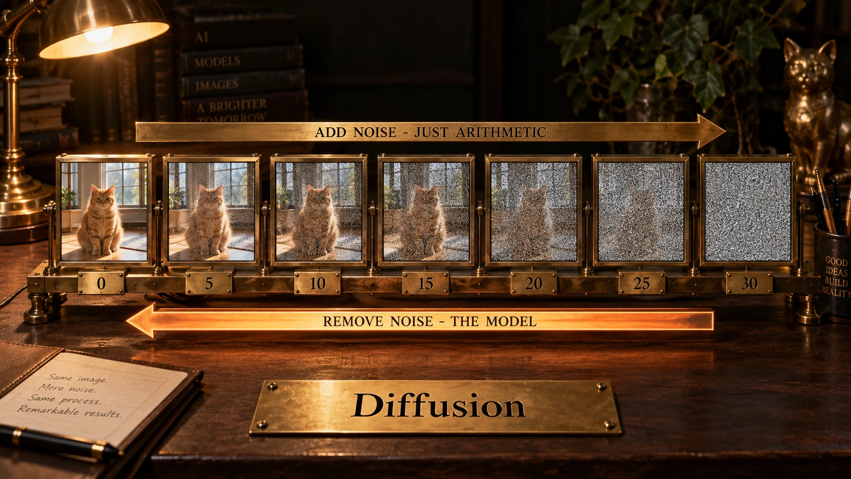 A dark walnut desk under a brass lamp. A long brass rail holds seven framed glass plates in a row, each showing the same photograph of an orange tabby cat sitting on a sunlit wooden floor in front of a tall window. The leftmost plate is sharp; each plate to the right is buried in more grey static until the rightmost is pure noise with no trace of the cat left. Engraved brass number plates beneath the frames read 0, 5, 10, 15, 20, 25 and 30. A brass arrow above the rail points left to right, engraved ADD NOISE - JUST ARITHMETIC. A second arrow below the rail points right to left and glows orange along its length, engraved REMOVE NOISE - THE MODEL. A larger nameplate at the front edge of the desk reads Diffusion.