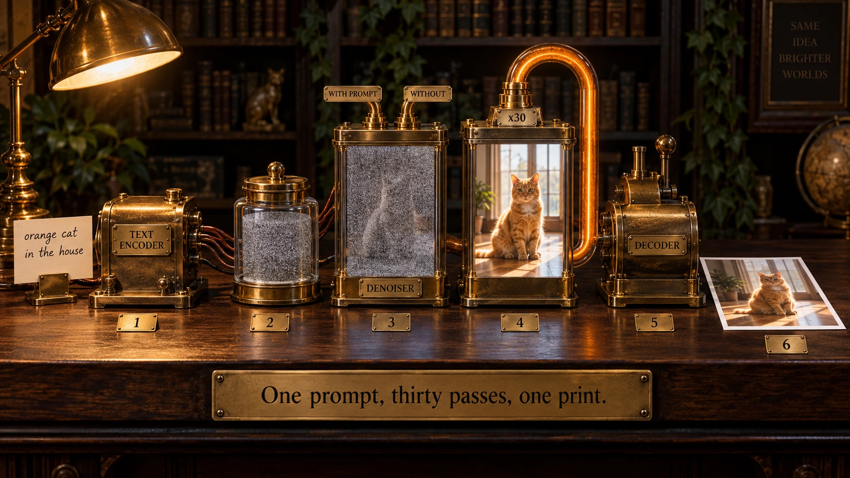 A dark walnut desk under a brass lamp, six brass instruments in a row like stations on a workbench, each with an engraved number plate in front of it, bookshelves and ivy out of focus behind. Station 1: a handwritten card reading orange cat in the house beside a brass chamber engraved TEXT ENCODER, copper wires leaving its side. Station 2: a glass jar filled with pure grey static. Station 3: a tall glass tank engraved DENOISER holding dense static with the faint shape of a sitting cat barely visible in it, two copper pipes entering the top labelled WITH PROMPT and WITHOUT. Station 4: an identical tank engraved x30 in which the picture is fully resolved, an orange tabby cat sitting on a sunlit wooden floor in front of a tall window, a thick copper pipe looping from the top back into the base and glowing orange. Station 5: a brass press engraved DECODER. Station 6: a finished photographic print of the same cat lying flat on the desk. A long nameplate along the front edge of the desk reads One prompt, thirty passes, one print.