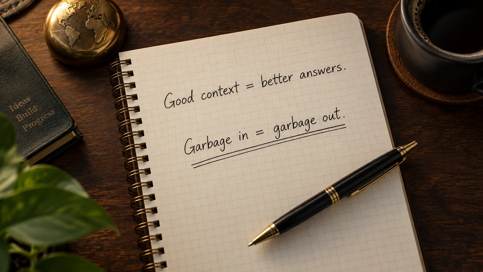 A spiral-bound grid notebook on a dark wooden desk, handwritten in black ink: Good context = better answers, and below it, underlined twice, Garbage in = garbage out. A black and gold pen rests on the page, with a brass globe paperweight, a leather notebook and a cup of coffee around it.