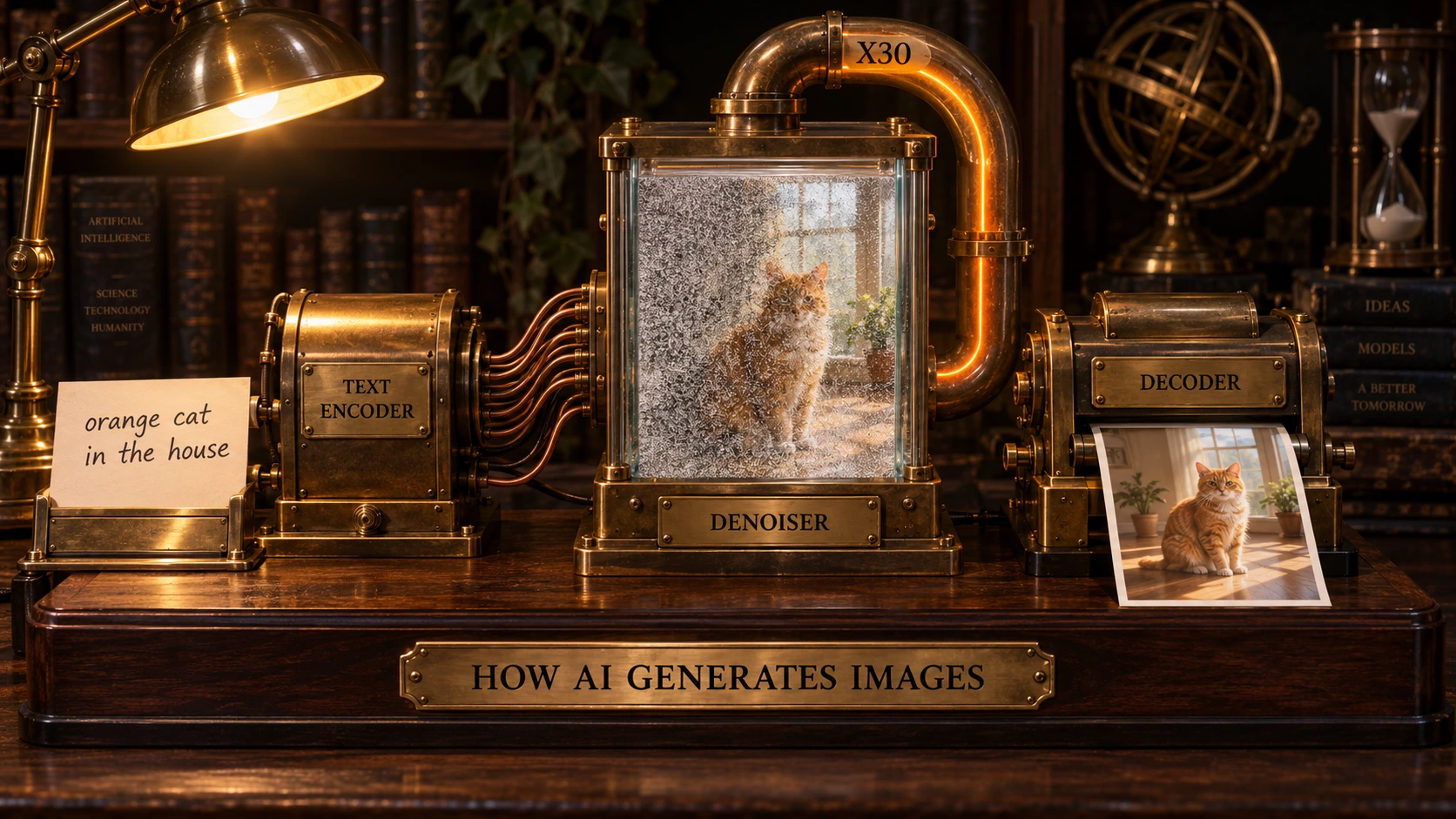 A brass-and-glass machine on a dark walnut desk under a brass lamp, standing on a wooden plinth. Left to right: a handwritten paper card in a brass holder reading orange cat in the house, beside a closed brass chamber engraved TEXT ENCODER, from which a bundle of copper wires runs into a tall glass tank engraved DENOISER. The tank is full of dense grey static in which an orange tabby cat sitting on a sunlit floor before a tall window is half resolved. A thick brass pipe engraved X30 loops from the top of the tank back into its base, glowing warm along its inner edge. To the right, a squat brass press engraved DECODER feeds out a finished photographic print of the same cat, fully sharp, in a warm sunlit room. Dark antique books, an armillary sphere and an hourglass sit out of focus behind. An engraved nameplate on the front of the plinth reads HOW AI GENERATES IMAGES.