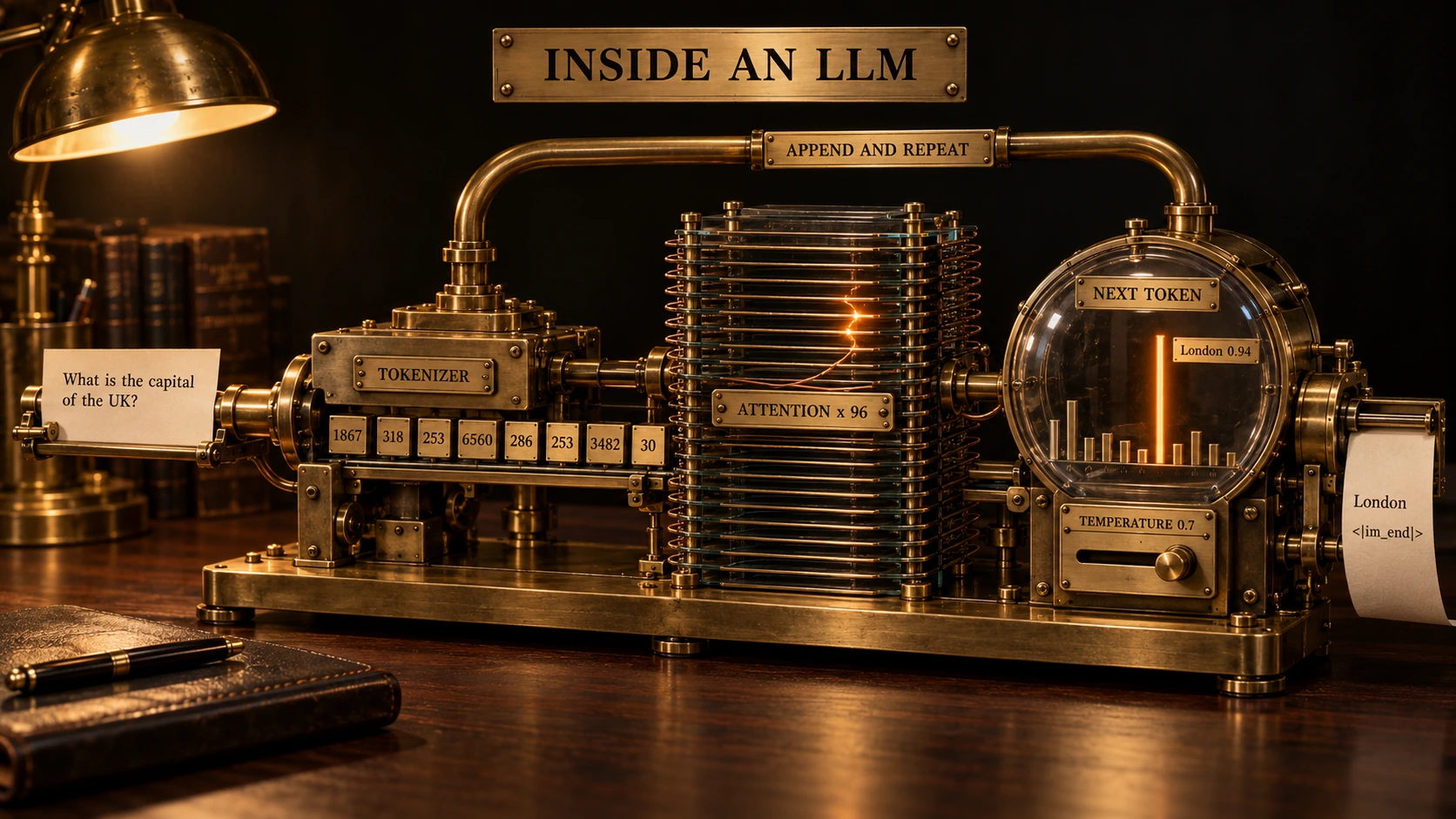 A brass-and-glass machine on a dark walnut desk under a brass lamp, nameplate reading INSIDE AN LLM. Left to right: a paper card reading What is the capital of the UK? feeds a chamber labelled TOKENIZER, which emits eight numbered brass tiles - 1867, 318, 253, 6560, 286, 253, 3482, 30. The tiles enter a tall stack of glass plates labelled ATTENTION x 96 with one copper wire glowing orange inside. The stack exits into a round glass gauge labelled NEXT TOKEN holding a bar chart of brass rods, one tall rod glowing orange beside a tag reading London 0.94, with a lever below marked TEMPERATURE 0.7. A pipe labelled APPEND AND REPEAT loops from the gauge back over the machine to the tokenizer, and a paper tape at the far right prints London followed by an end-of-turn marker.