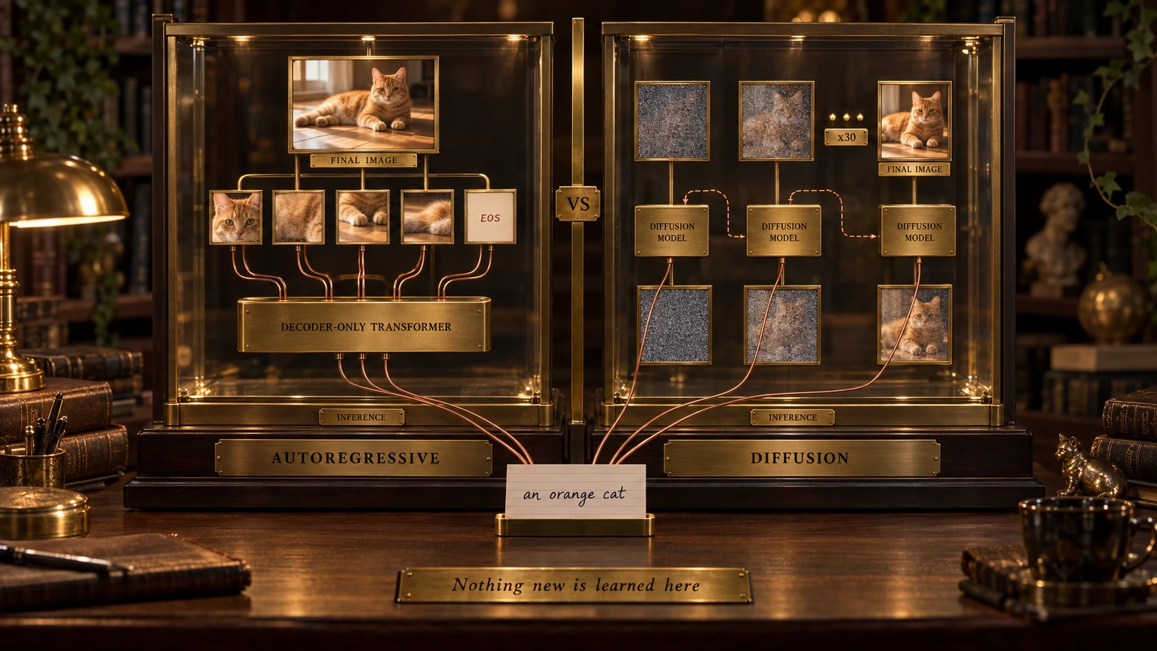 A dark walnut desk under a brass lamp, bookshelves and ivy out of focus behind. Two tall lit glass cases stand side by side on brass plinths engraved AUTOREGRESSIVE and DIFFUSION, separated by a brass divider carrying a small plate reading VS, and each case has a plate on its front rail reading INFERENCE. On the desk between them, a single handwritten card in a brass holder reads an orange cat, with copper wires running from it up into both cases and no photographic print anywhere in the scene. The left case reads bottom to top: three wires from the card enter a wide housing engraved DECODER-ONLY TRANSFORMER, above it a row of four small picture tiles each showing a different crop of an orange tabby cat plus a fifth tile stamped EOS, and a copper wire loops from the underside of every tile back down into the housing, four visible feedback loops returning each finished tile to the input. Above the row, brass rods rise to one large framed print in which the crops have assembled into a complete photograph, with a plate reading FINAL IMAGE. The right case holds three identical stations in a row, each with a framed pane at its base, a rod up into a small housing engraved DIFFUSION MODEL, and a rod up to a pane above it: the first station starts from pure grey static and leaves the cat faintly emerging, the second takes that faint cat and returns it clearly but grainy, and dashed copper wires carry each result on to the next station. Three brass dots and a plate engraved x30 sit before the third station, whose upper pane is a clean sharp photograph behind a plate reading FINAL IMAGE. A long nameplate along the front edge of the desk reads Nothing new is learned here.