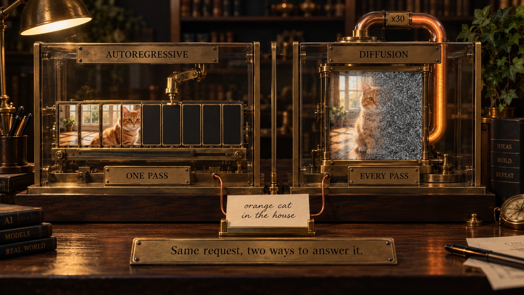 A dark walnut desk under a brass lamp. Two brass instruments stand side by side, each in its own lit glass case with a slim brass divider between them, bookshelves and ivy out of focus behind. The left case is engraved AUTOREGRESSIVE and holds a horizontal brass rail of small square picture tiles: the tiles on the left are filled in and together show part of an orange tabby cat sitting on a sunlit wooden floor, while the tiles to the right are still empty dark squares, with a brass arm poised above the first empty one. A plate below it reads ONE PASS. The right case is engraved DIFFUSION and holds a single tall pane showing the whole picture at once, the same orange tabby half emerged from dense grey static, with a copper pipe looping from the top of the case back into its base, glowing orange and engraved x30. A plate below it reads EVERY PASS. In front of both cases a handwritten card in a brass holder reads orange cat in the house, with a copper wire running from it into each case. A long nameplate along the front edge of the desk reads Same request, two ways to answer it.