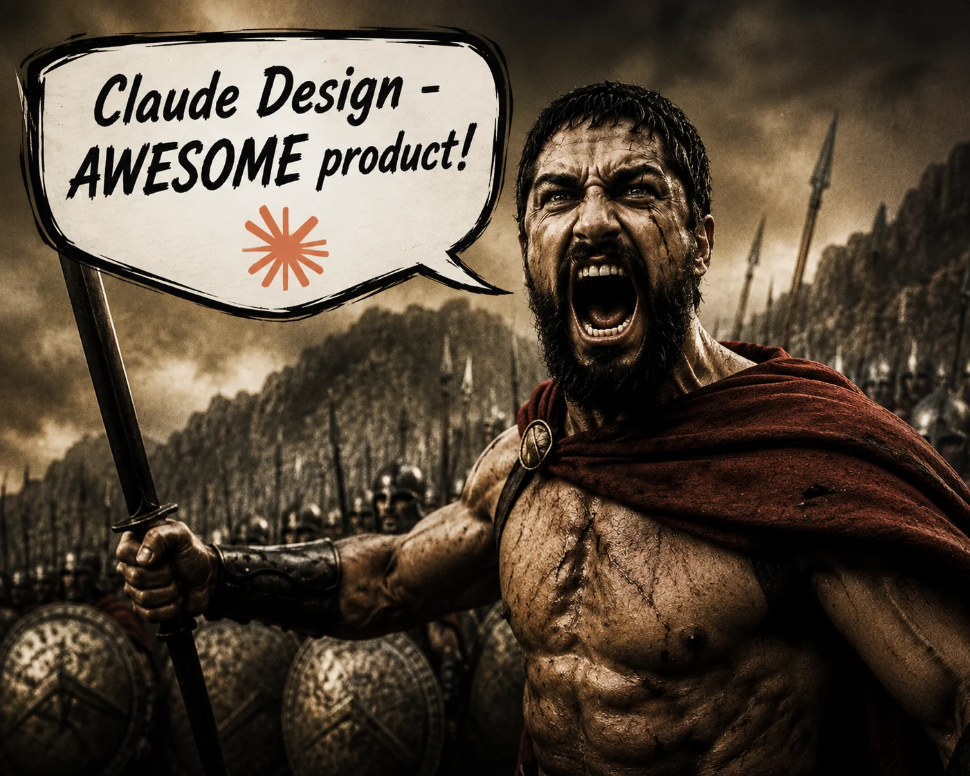 A shouting warrior in a sepia battle scene holding a hand-drawn sign reading Claude Design - AWESOME product