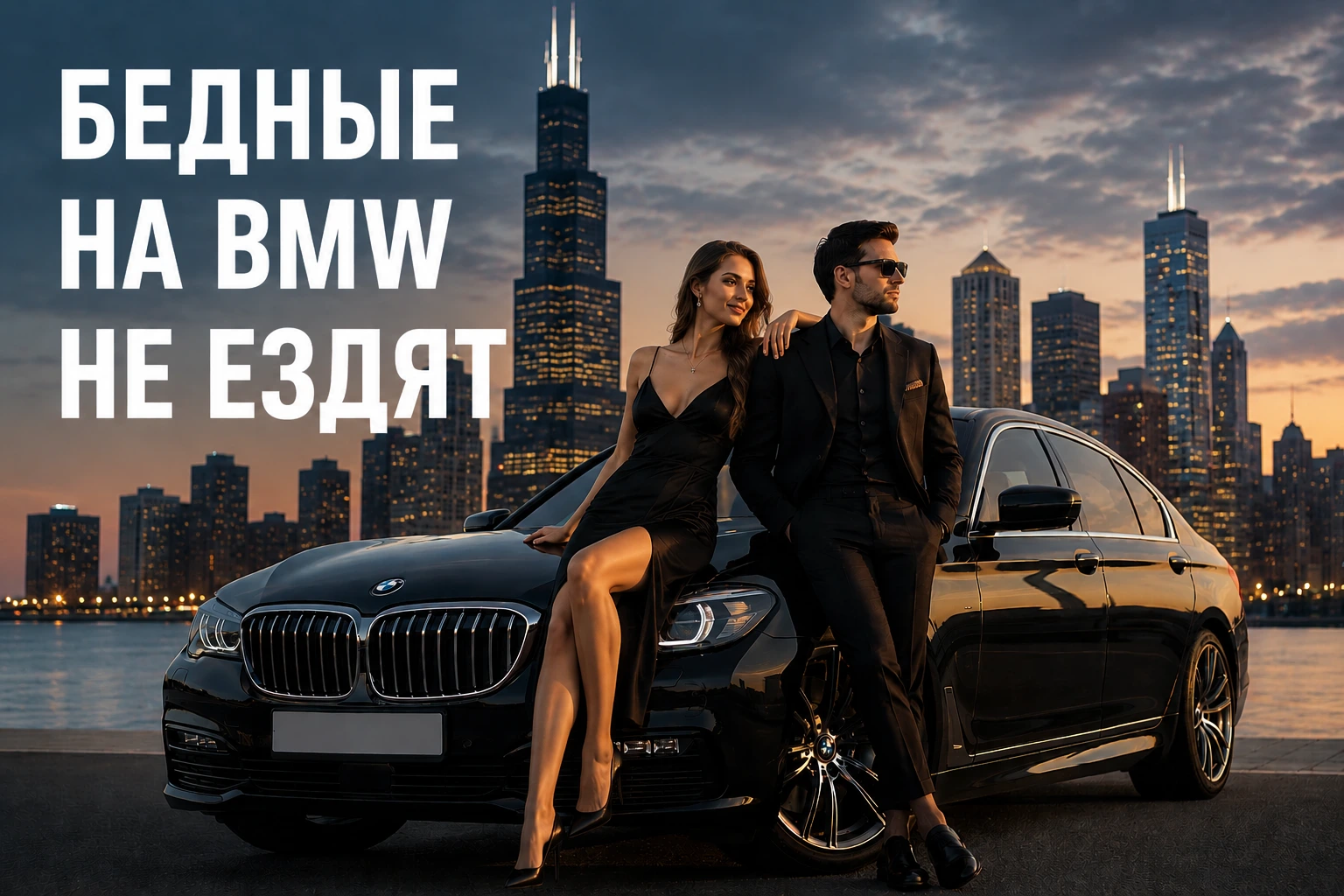 Couple in black formalwear leaning on a dark sedan against a city skyline at dusk, with a three-line Cyrillic headline