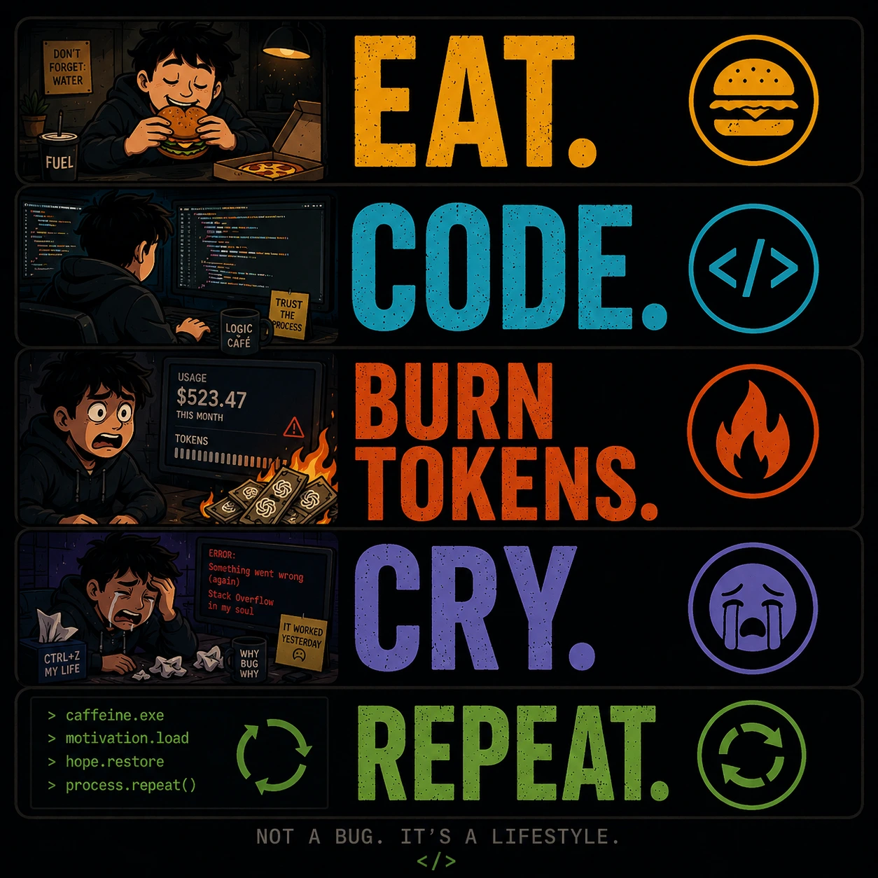 Five stacked panels illustrating a developer day, captioned EAT, CODE, BURN TOKENS, CRY and REPEAT, each with a matching icon