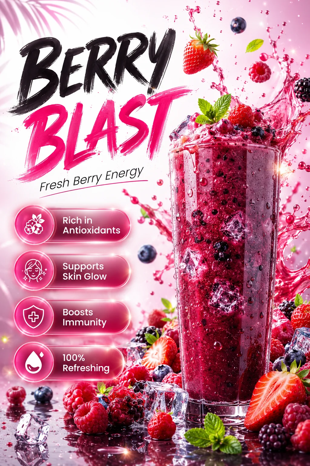 Pink berry smoothie poster with brush lettering reading Berry Blast and four labelled benefit pills down the left side