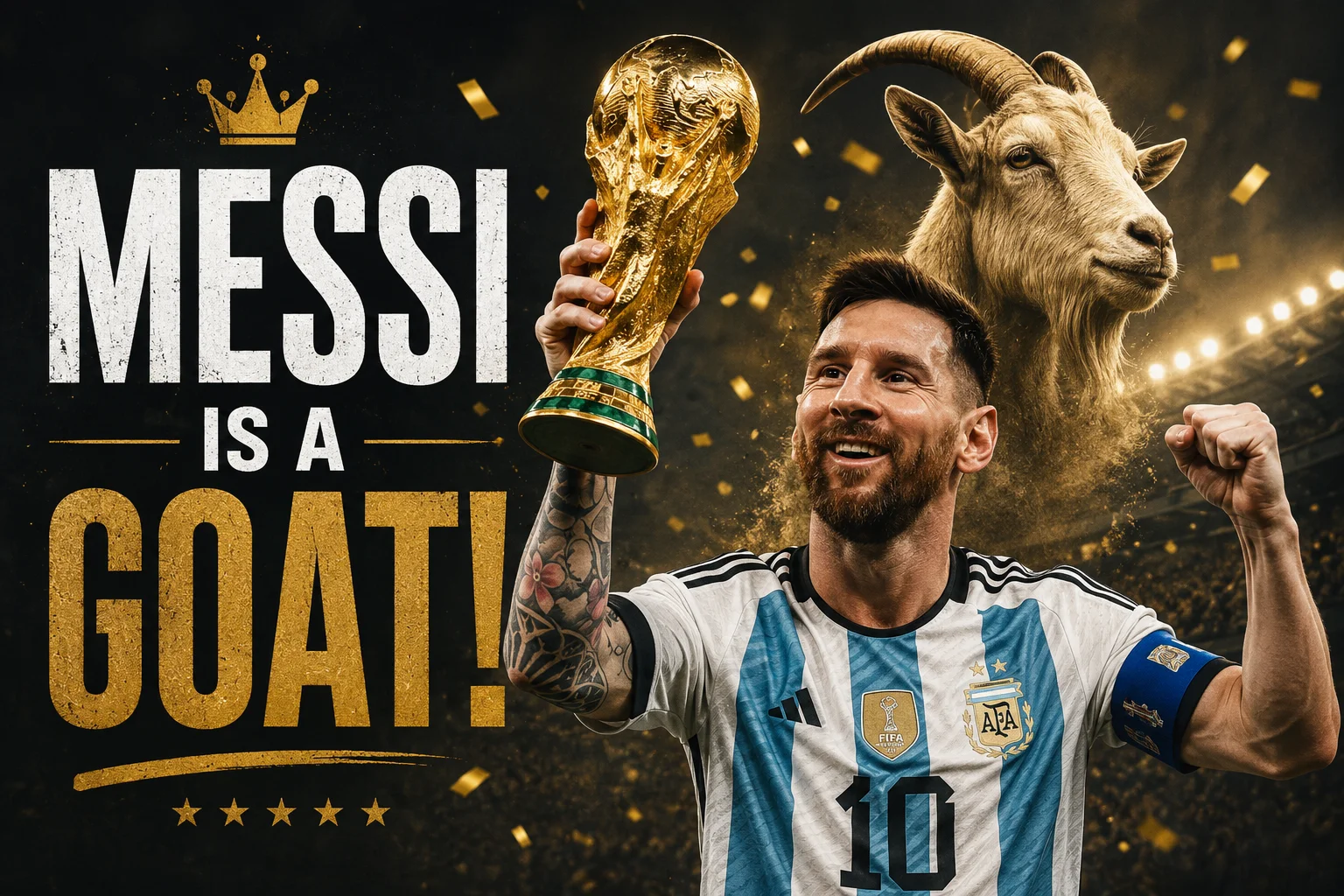 Sports poster of a footballer lifting a gold trophy beside a goat, with the headline MESSI IS A GOAT in distressed type
