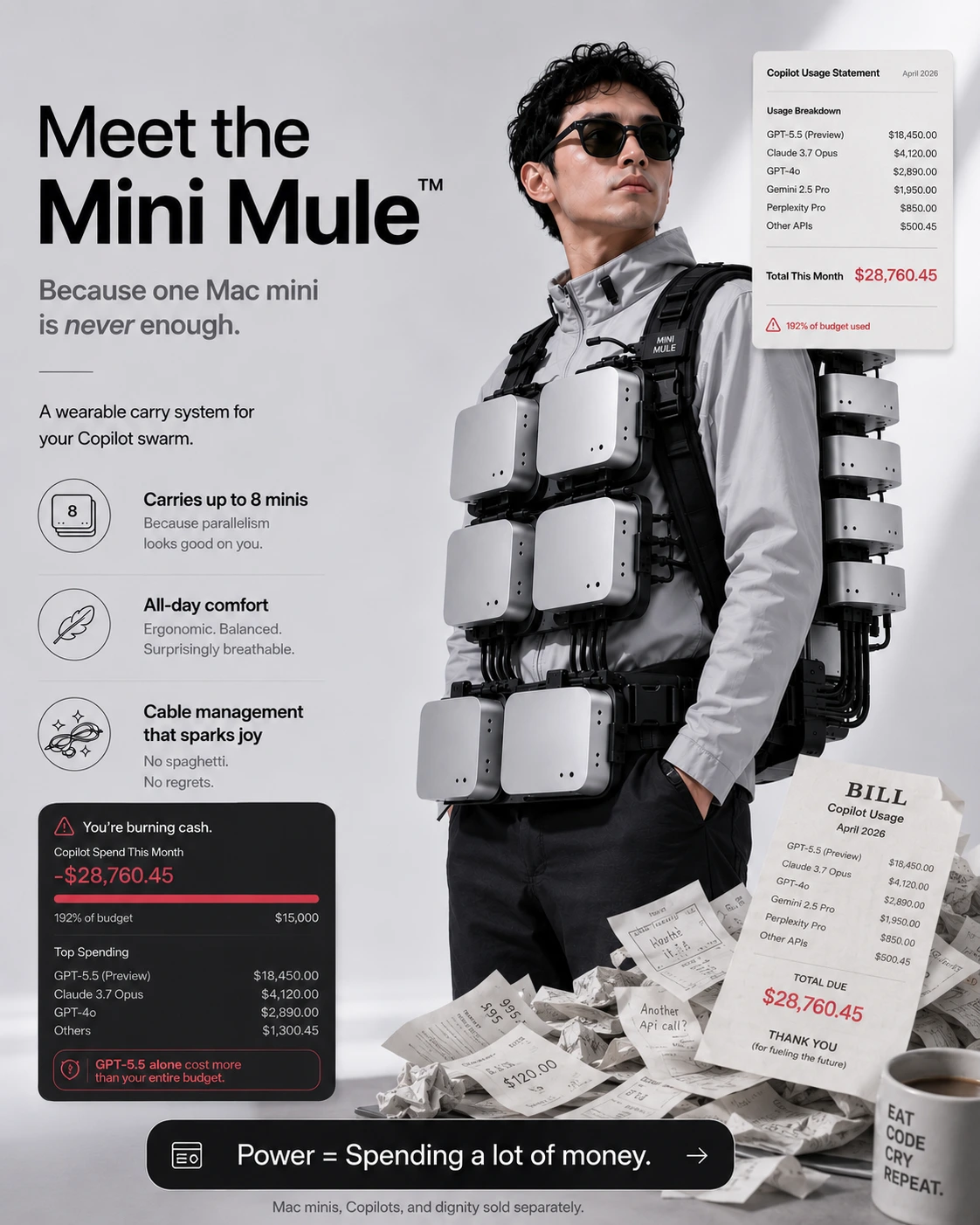 Mock product page for a wearable carry system holding several small computers, with feature rows down the left and an itemised billing statement on the right