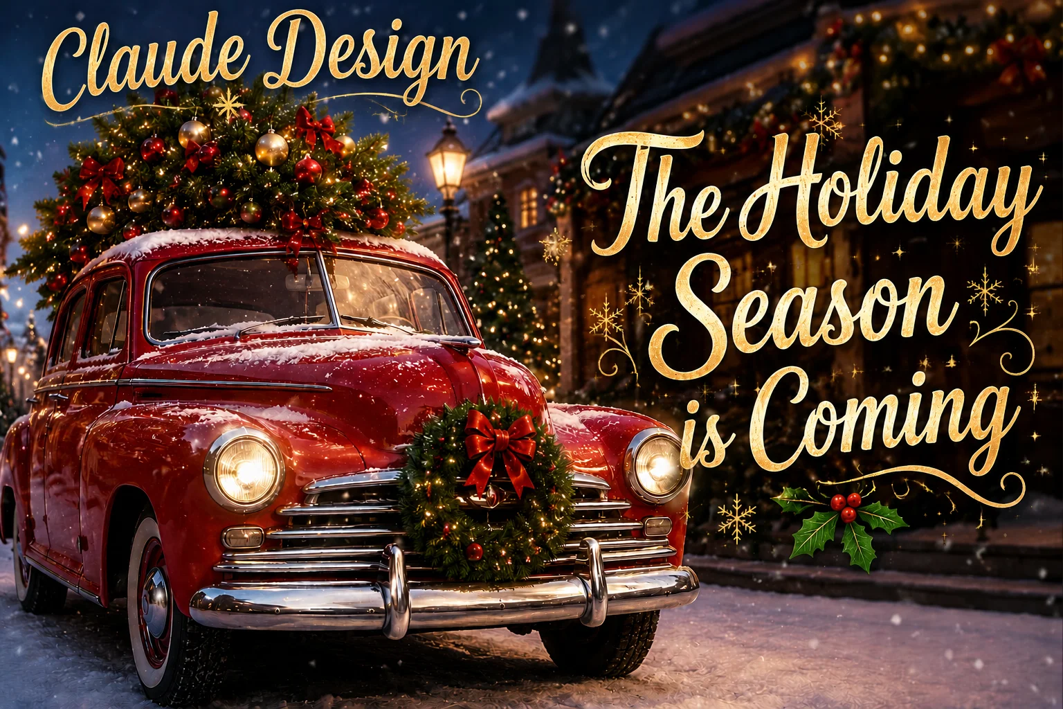 Vintage red car carrying a decorated Christmas tree on a snowy street, with gold script reading Claude Design and The Holiday Season is Coming