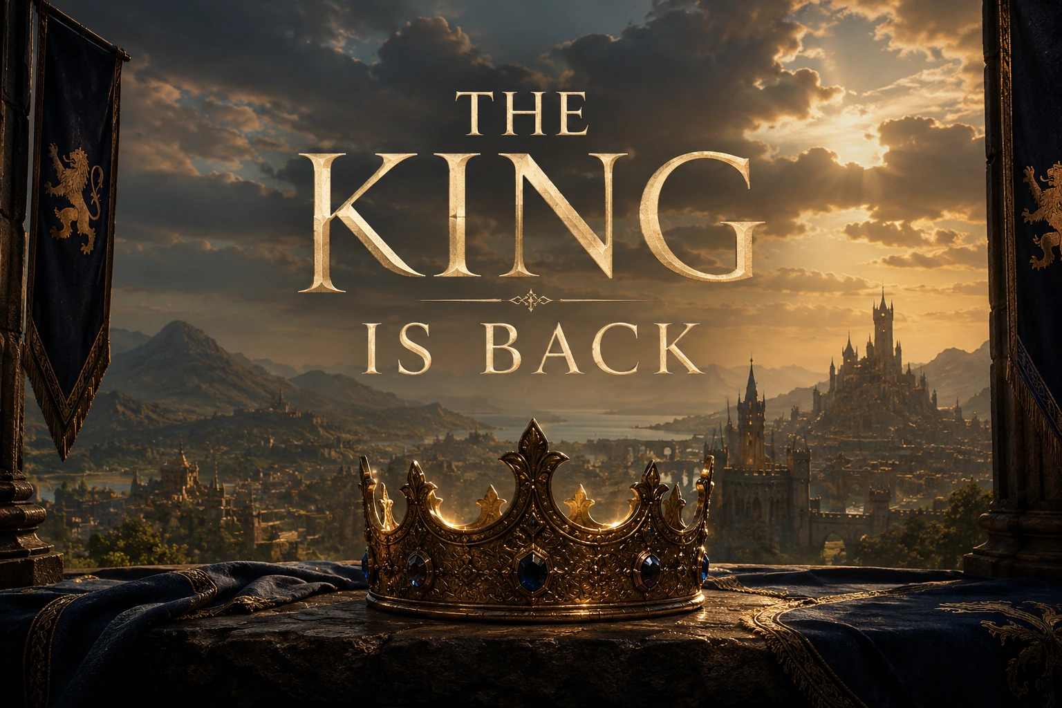 Fantasy film poster with a jewelled crown on a stone plinth above a castle valley at sunset and the words THE KING IS BACK in gold serif capitals