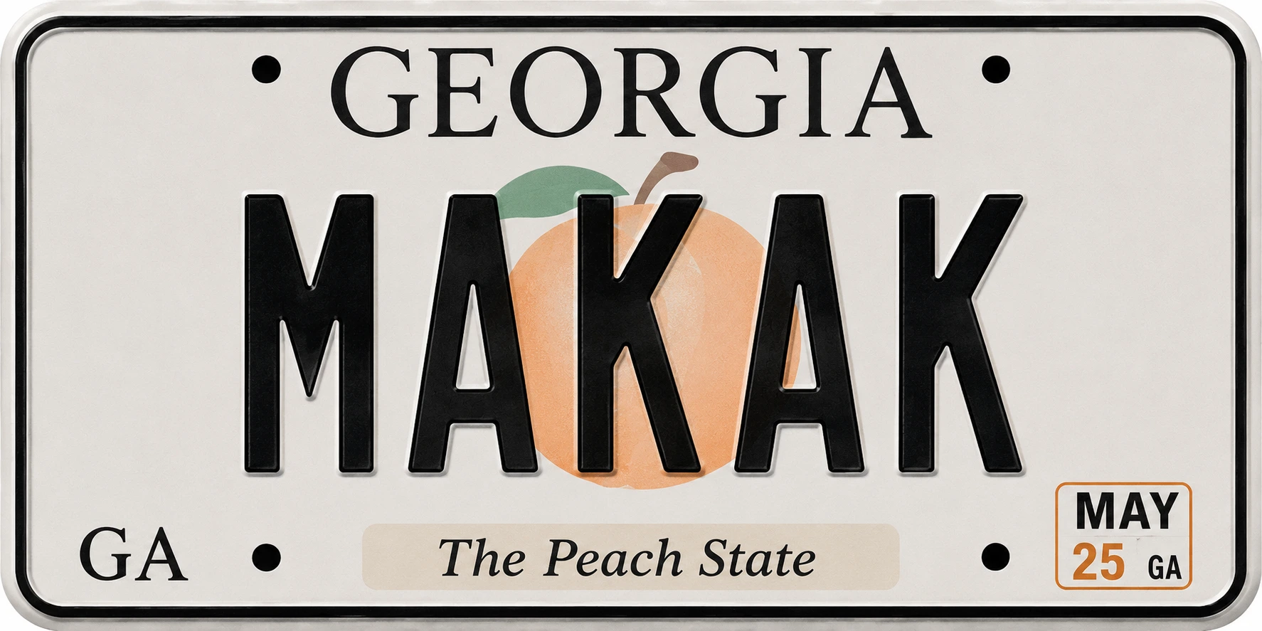Georgia licence plate reading MAKAK with a peach graphic behind the letters and The Peach State on the bottom band