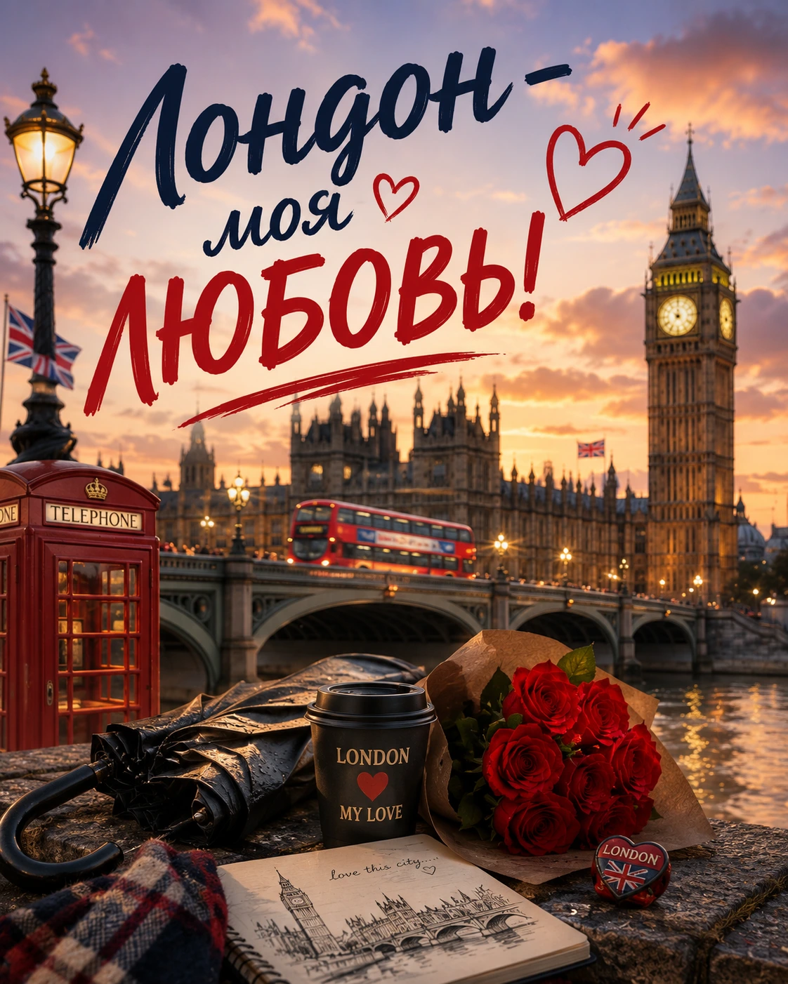 London scene at sunset with Big Ben, a red phone box, roses and a coffee cup, under handwritten Cyrillic script