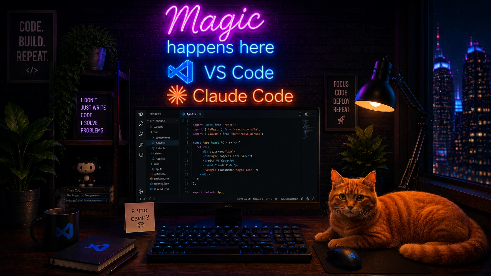 A dark developer desk at night lit by neon signs reading Magic happens here, VS Code and Claude Code, with a code editor open on the monitor and a ginger cat beside the keyboard