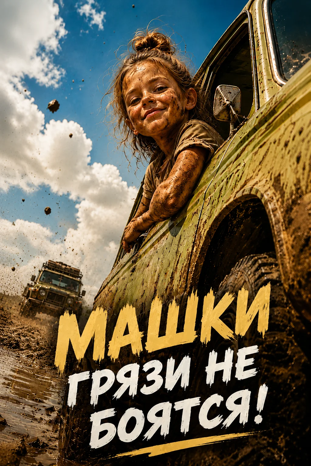 Low-angle shot of a girl leaning from the window of a mud-covered off-road car, with a large Cyrillic headline across the door