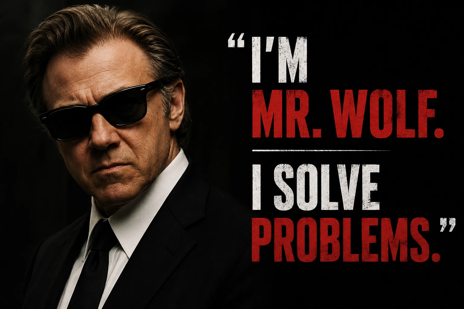 Dark portrait of a man in a suit and sunglasses beside a two-colour quotation set in condensed capitals