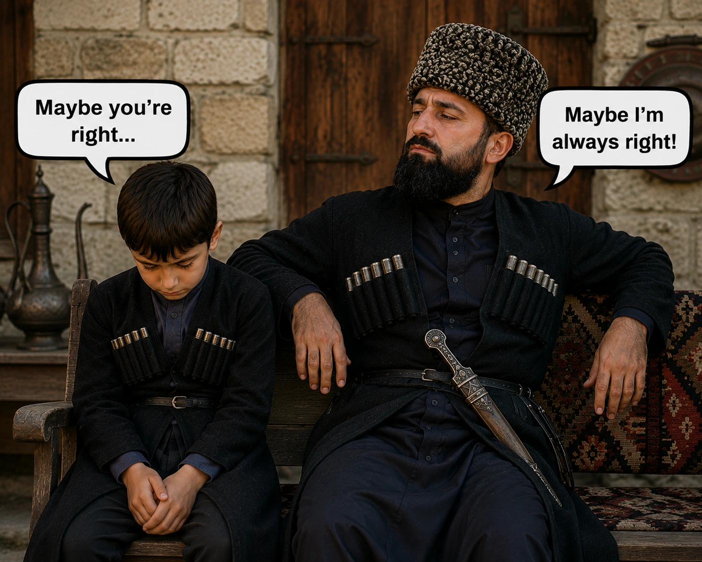 A man and a boy in traditional Caucasian dress sitting on a bench, with two comic speech bubbles above them
