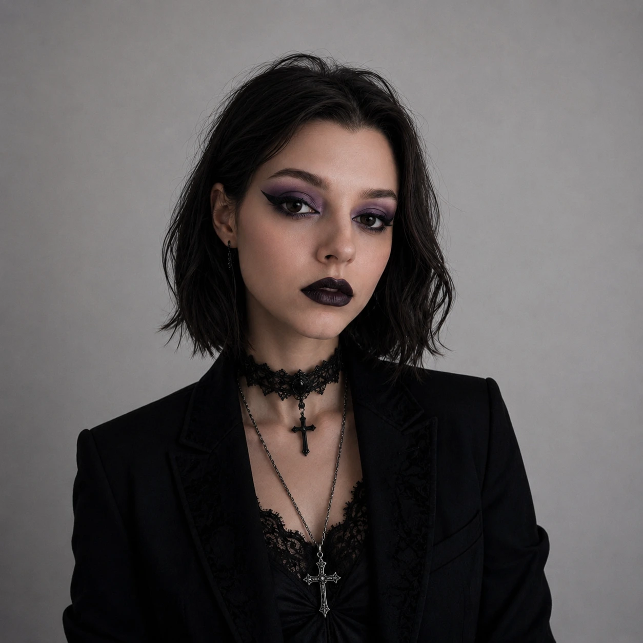 Studio portrait of a woman in dark makeup and a black blazer against a grey backdrop
