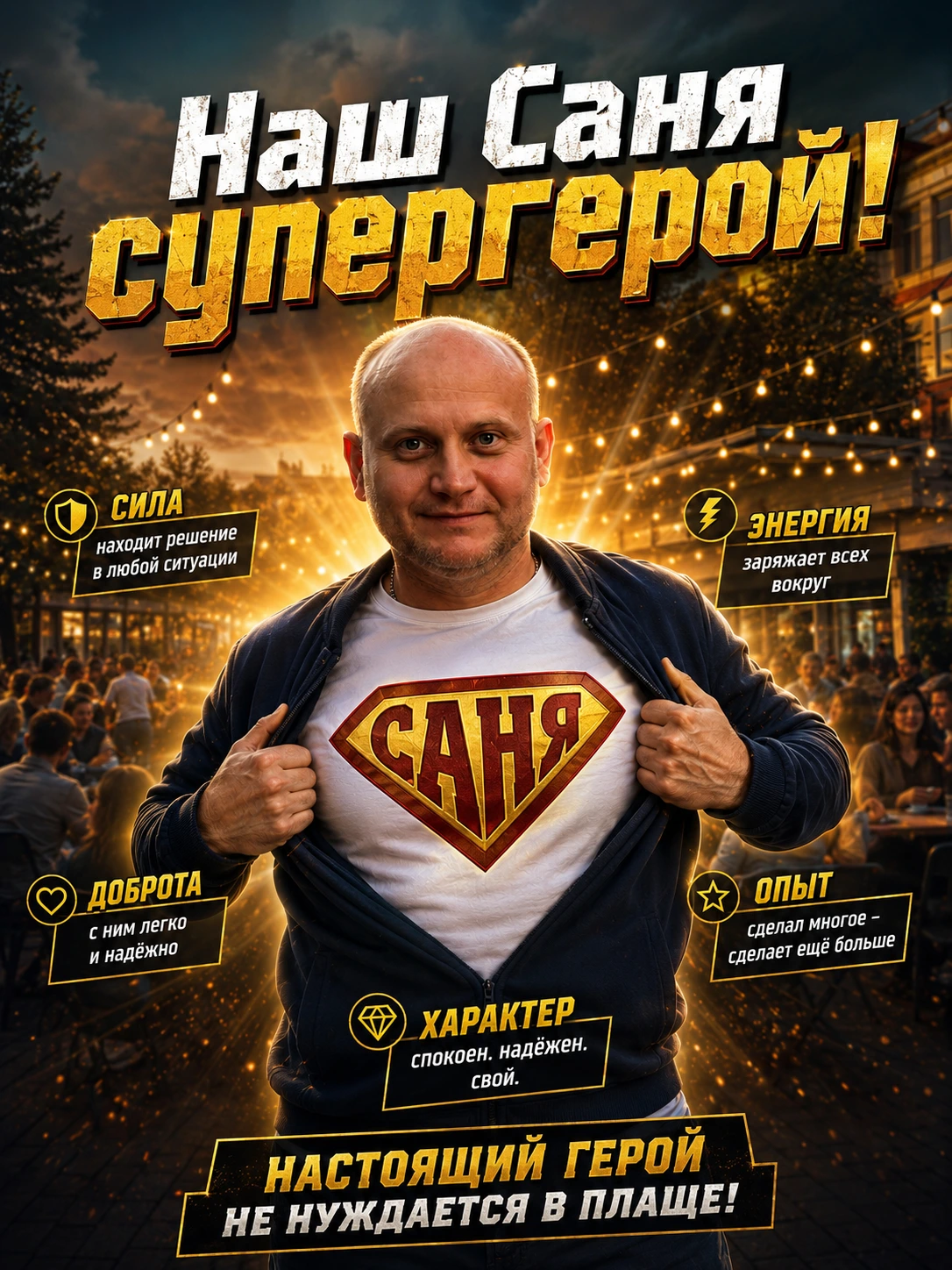 Mock superhero poster of a man opening his jacket to reveal a shield emblem, surrounded by six labelled callout boxes