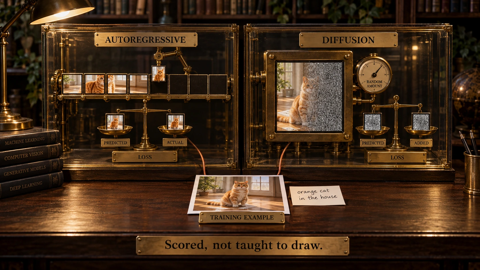 A dark walnut desk under a brass lamp. Two brass instruments stand side by side in lit glass cases, bookshelves and ivy out of focus behind. On the desk in front of both lies one photographic print of an orange tabby cat sitting on a sunlit wooden floor, on a plate engraved TRAINING EXAMPLE, with a handwritten card beside it reading orange cat in the house and a copper wire running from the print into each case. The left case, engraved AUTOREGRESSIVE, shows the same photograph cut into a row of small square tiles along a brass rail, the first tiles in place and a brass arm holding the next tile above its empty slot; below the rail a small brass balance holds a picture tile on each pan, the pans labelled PREDICTED and ACTUAL, with a plate beneath reading LOSS. The right case, engraved DIFFUSION, shows the same photograph inside a frame, half buried in dense grey static, with a large brass dial beside it engraved RANDOM AMOUNT; below it an identical balance holds a pane of grey static on each pan, labelled PREDICTED and ADDED, with a plate beneath reading LOSS. A long nameplate along the front edge of the desk reads Scored, not taught to draw.