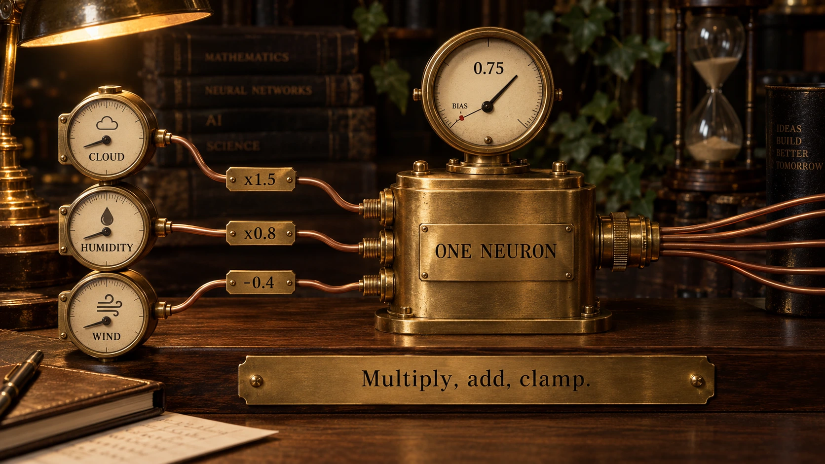 A brass instrument on a dark walnut desk under a brass lamp. On the left, three brass dials engraved CLOUD, HUMIDITY and WIND, each with a copper wire running right. Small engraved plates sit on the wires reading x1.5, x0.8 and -0.4. The three wires enter a squat brass chamber engraved ONE NEURON, and a large brass gauge on top of it reads 0.75, its needle well past a small red mark labelled BIAS. A thick copper cable leaves the chamber on the right and splits into four. Dark antique books titled MATHEMATICS, NEURAL NETWORKS, AI and SCIENCE, ivy and an hourglass sit out of focus behind. A long engraved nameplate along the front edge of the desk reads Multiply, add, clamp.