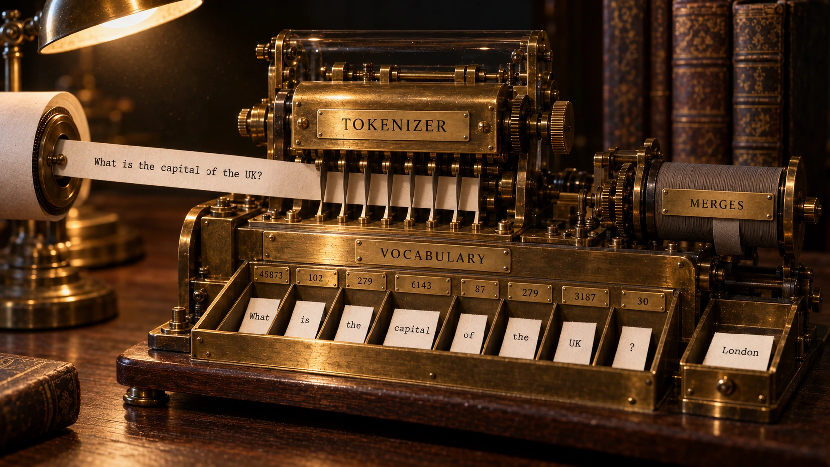 A photorealistic antique brass machine on a dark walnut desk under a single warm lamp. A paper tape feeds in from the left, typed with the question "What is the capital of the UK?", and passes under a brass cutting head engraved TOKENIZER, whose fine blades slice it into eight strips. Each strip drops into its own slot in a tray engraved VOCABULARY, and above each slot a small brass plate carries that token id: 45873, 102, 279, 6143, 87, 279, 3187, 30 - the two instances of the word "the" carry the same id. A side drum engraved MERGES is wound with thin ribbon. In a separate finished tray on the right sits a single strip typed "London".