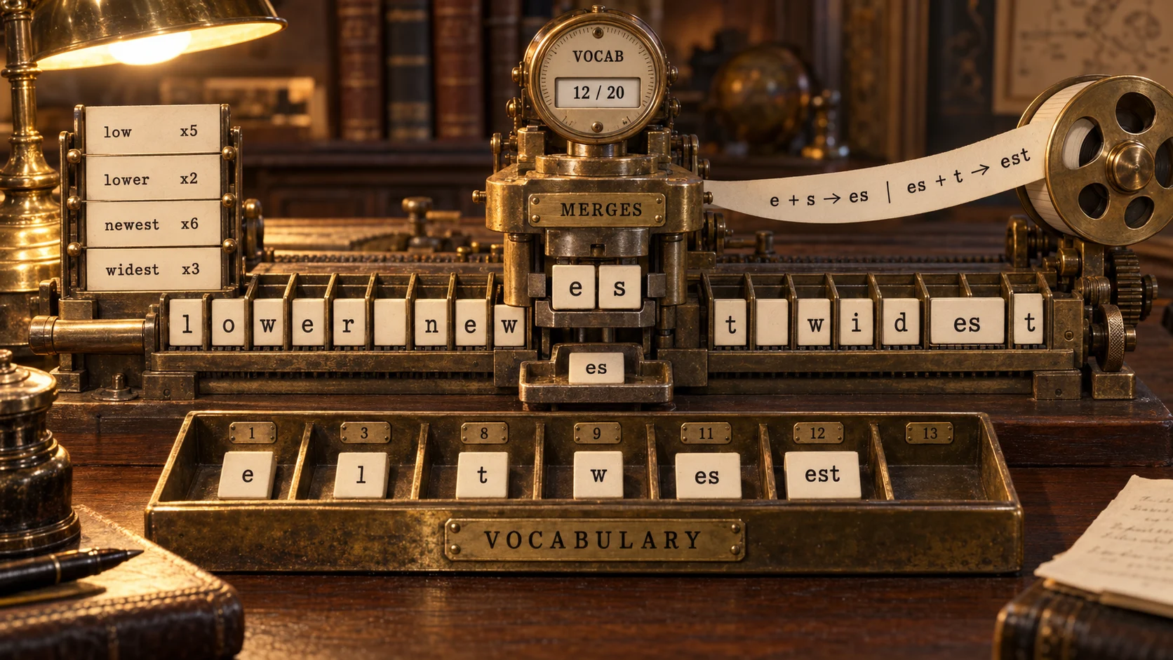 A photorealistic antique brass machine seen head-on, standing on a dark walnut desk under a single warm lamp, with leather-bound books, a globe and a fountain pen around it. On the left, a rack of cream paper slips is typed with a word and a count each: low times five, lower times two, newest times six, widest times three. Along the machine bed those words sit as single letter tiles in narrow channels: lower, then new, then a t, then widest spelled w, i, d, es, t - its e and s already fused into one tile. At the centre a press engraved MERGES has clamped the e and s of newest together, and the fused tile reading es sits just below it; a paper ribbon spools from the press to a brass reel on the right, stamped with the rules made so far, in order: e plus s makes es, then es plus t makes est. A round gauge above the press reads VOCAB 12 / 20. In front, a tray engraved VOCABULARY holds the pieces in numbered slots - 1 e, 3 l, 8 t, 9 w, 11 es, 12 est - with slot 13 still empty.