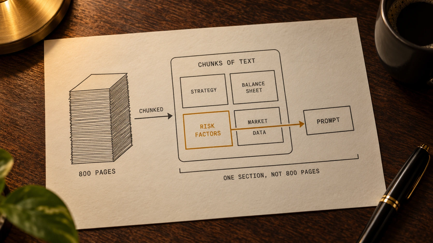 A printed diagram on a lamplit walnut desk: a tall stack of paper labelled 800 PAGES, an arrow marked CHUNKED leading into a rounded container titled CHUNKS OF TEXT that holds four boxes - Strategy, Balance Sheet, Market Data, and an amber-outlined Risk Factors - with a single arrow running from Risk Factors to a box labelled PROMPT, bracketed underneath as ONE SECTION, NOT 800 PAGES.