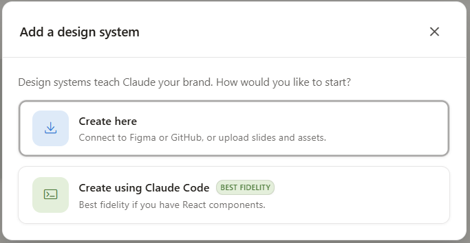 An 'Add a design system' dialog reading 'Design systems teach Claude your brand. How would you like to start?' with two options: 'Create here - connect to Figma or GitHub, or upload slides and assets', and 'Create using Claude Code - best fidelity if you have React components', the latter tagged BEST FIDELITY.