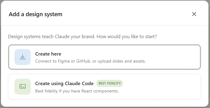 An 'Add a design system' dialog reading 'Design systems teach Claude your brand. How would you like to start?' with two options: 'Create here - connect to Figma or GitHub, or upload slides and assets', and 'Create using Claude Code - best fidelity if you have React components', the latter tagged BEST FIDELITY.