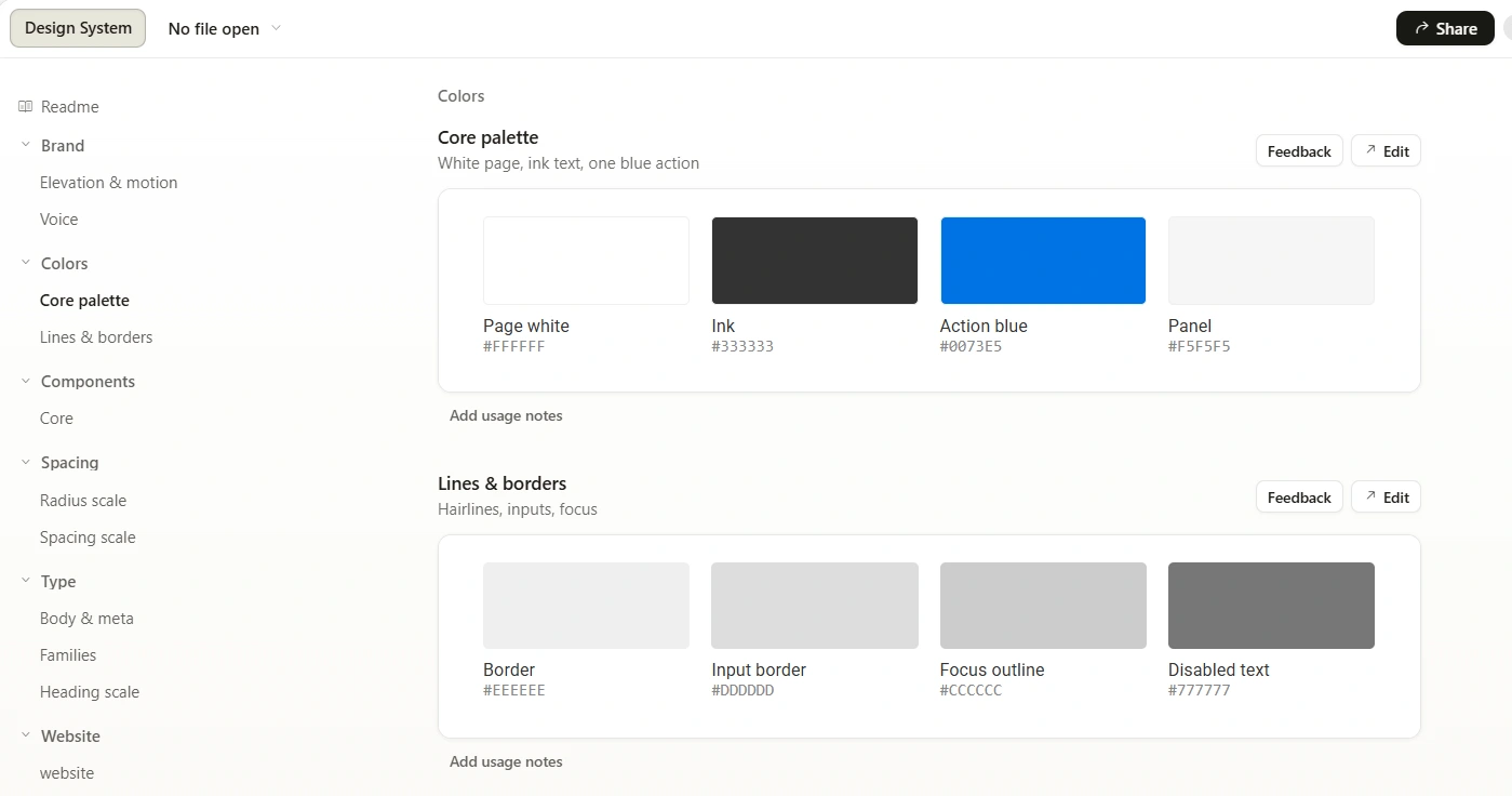 The generated design system open in Claude Design: a left sidebar navigates Brand, Colors, Components, Spacing, Type, and Website; the main panel shows the Core palette (Page white #FFFFFF, Ink #333333, Action blue #0073E5, Panel #F5F5F5) and Lines & borders (Border #EEEEEE, Input border #DDDDDD, Focus outline #CCCCCC, Disabled text #777777), each swatch labeled with its token name and hex value, with Edit and Feedback controls.