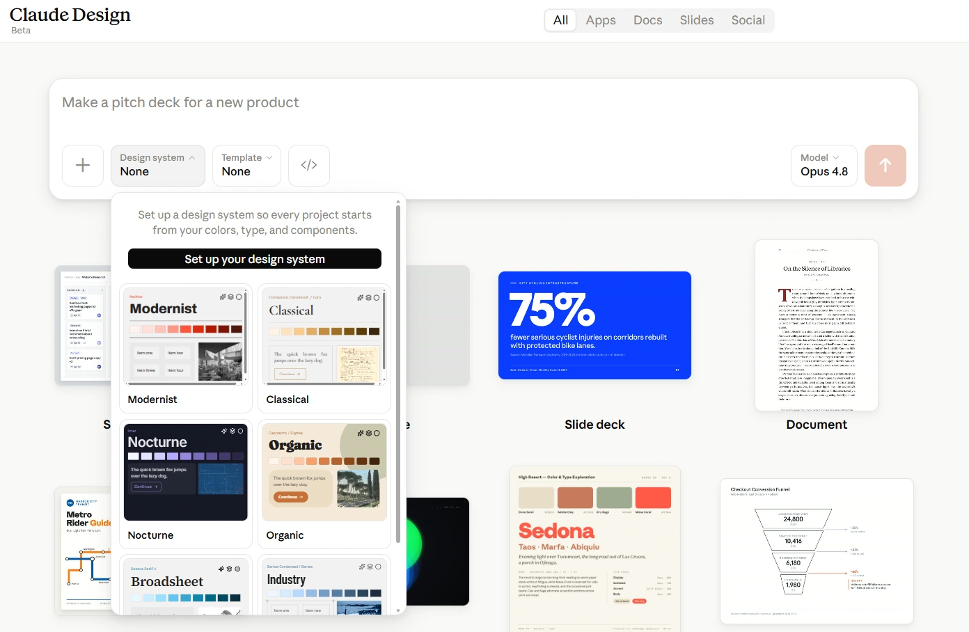 The Claude Design homescreen with the Design system menu open: a 'Set up your design system' button sits above a grid of ready-made systems - Modernist, Classical, Nocturne, Organic, Broadsheet, Industry - that new projects can start from before you publish your own.