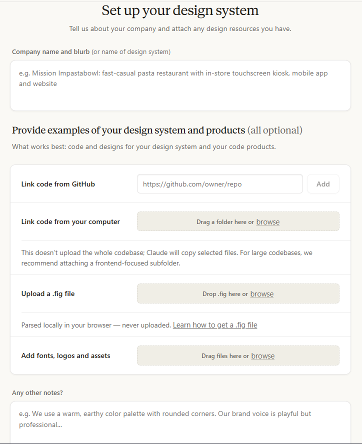 Claude Design's Set up your design system form: a company name and blurb field, then optional inputs to link code from GitHub or your computer, upload a .fig file, add fonts, logos and assets, and any other notes.