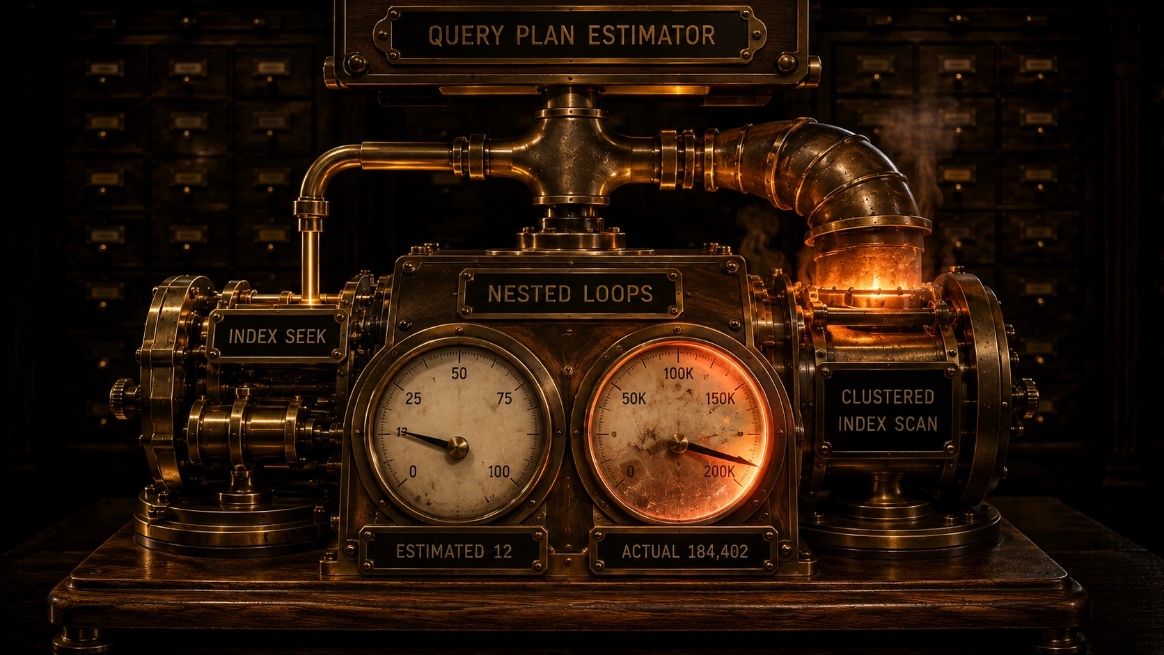 A brass-and-glass machine labelled QUERY PLAN ESTIMATOR: a narrow polished pipe feeds a compact INDEX SEEK mechanism on the left while a wide, glowing, overheating pipe feeds a CLUSTERED INDEX SCAN drum on the right, both joining a central NESTED LOOPS housing. Two round gauges sit side by side on its face - the left needle resting low over a plate reading ESTIMATED 12, the right needle slammed past 200K against its end stop, its glass fogged and rim glowing orange, over a plate reading ACTUAL 184,402.