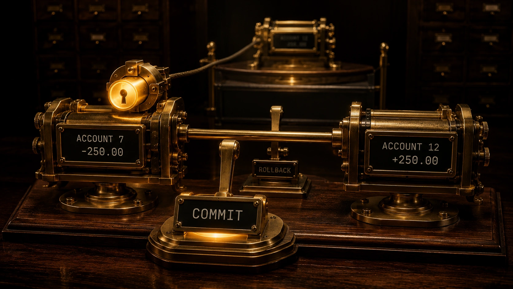 A brass-and-glass mechanical apparatus on dark walnut: two linked ledger counters read ACCOUNT 7 minus 250.00 and ACCOUNT 12 plus 250.00, joined by a single rigid tie-bar so neither can move without the other. A lit brass COMMIT lever stands in front, an unlit ROLLBACK plate behind it, and a glowing lock cylinder clamped over the left counter runs a cable back to a second station waiting behind a barrier in the dark.