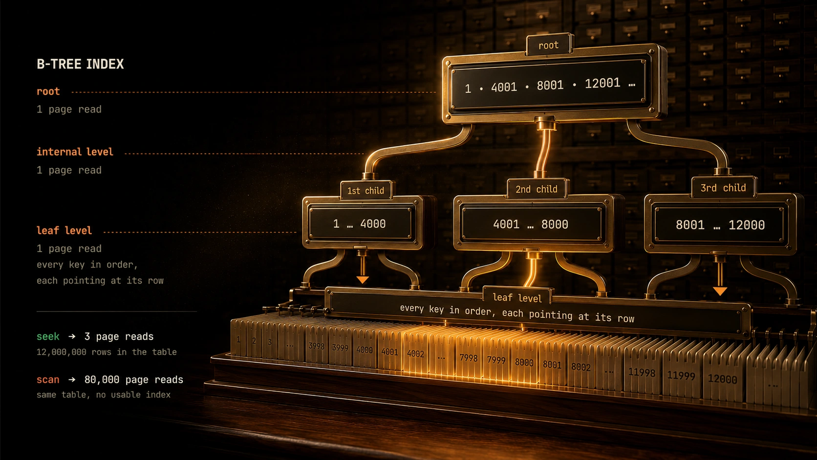 A brass-and-glass mechanical diagram of a B-tree index: a root panel reading 1 . 4001 . 8001 . 12001 sits above three child panels covering 1 to 4000, 4001 to 8000, and 8001 to 12000, each piped down to a lit leaf level of filing-cabinet cards in key order. A legend on the left gives one page read per level, a seek at 3 page reads over 12,000,000 rows, and a scan at 80,000 page reads.
