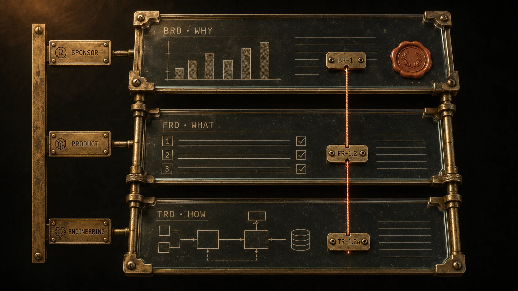 A brass-and-glass mechanical apparatus holding three stacked document plates joined by brass pipes. The top plate is engraved BRD · WHY and carries a bar chart and a red wax seal; the middle plate reads FRD · WHAT with three numbered, ticked requirement rows; the bottom plate reads TRD · HOW with a small architecture schematic and a database cylinder. A glowing terracotta thread runs down through brass tags marked BR-1, FR-1.2, and TR-1.2a, linking all three. A brass legend strip on the left carries three stamps - SPONSOR, PRODUCT, ENGINEERING - each aligned to its plate.
