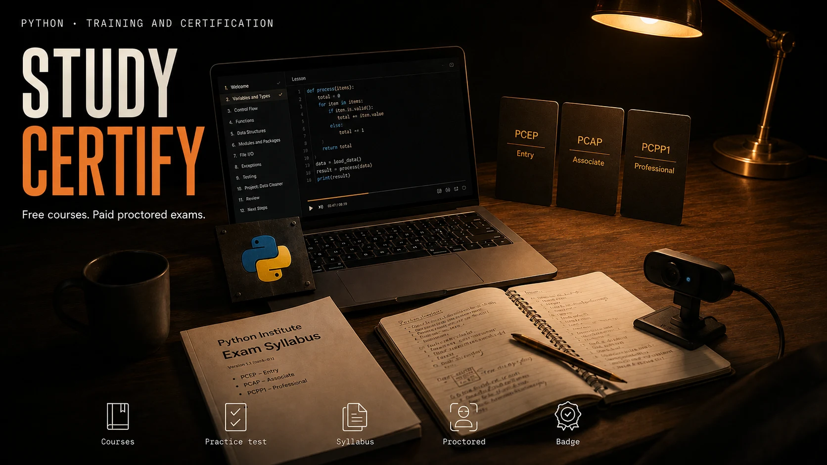 A dark wooden desk at night under a brass lamp. A laptop shows a self-paced lesson player: a numbered curriculum down the left, from Welcome and Variables and Types through to Next Steps, and a pane of Python code on the right. Behind the laptop, three matte charcoal cards stand in a row, each engraved with a certification code above its level: PCEP Entry, PCAP Associate, and PCPP1 Professional. A small metal plaque with the Python logo leans against the laptop. In front sit a printed Python Institute exam syllabus booklet listing the same three certifications, an open notebook of handwritten study notes with a pen, a mug, and a webcam on a stand angled at the chair. Overlaid at the top left: a mono line reading 'Python · Training and certification', then STUDY in white above CERTIFY in orange, with the line 'Free courses. Paid proctored exams.' A row of five labelled icons runs along the bottom: Courses, Practice test, Syllabus, Proctored, Badge.